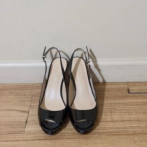 Black Patent Slingback Peep-Toe Pumps